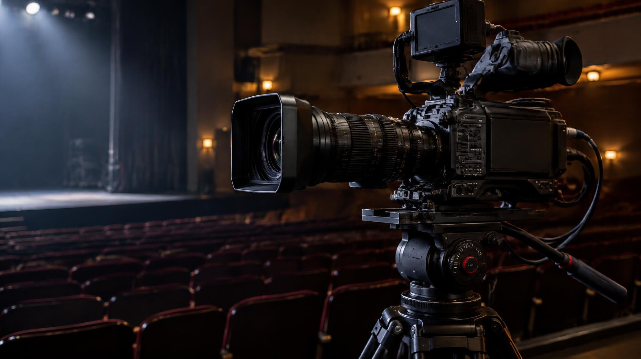 Professional broadcast camera on a tripod in a studio