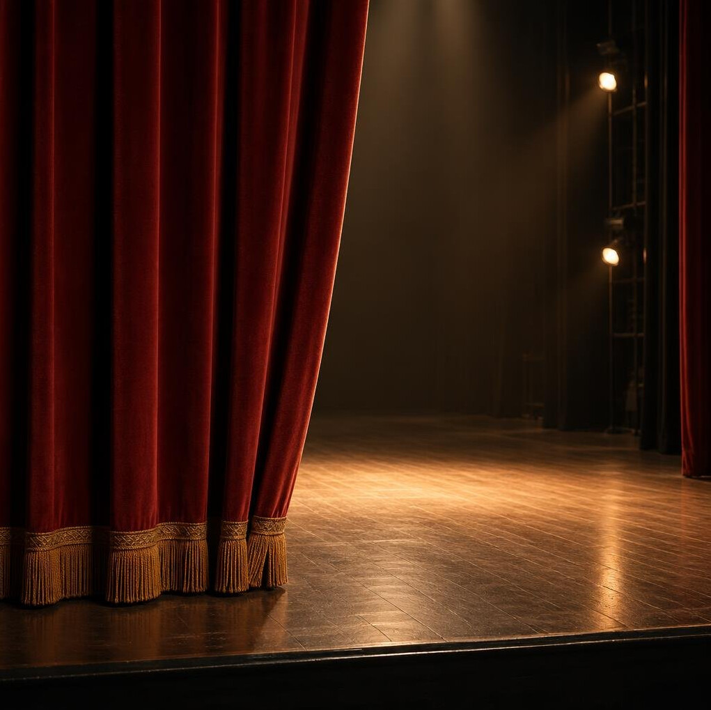 Theatre stage with a drawn curtain and soft light