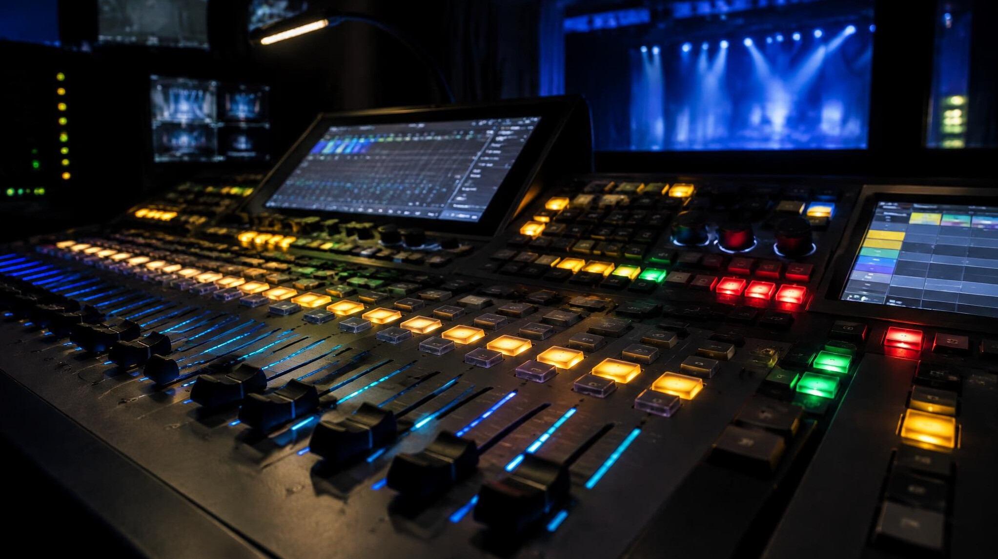 Control desk with faders and buttons in a stage control room
