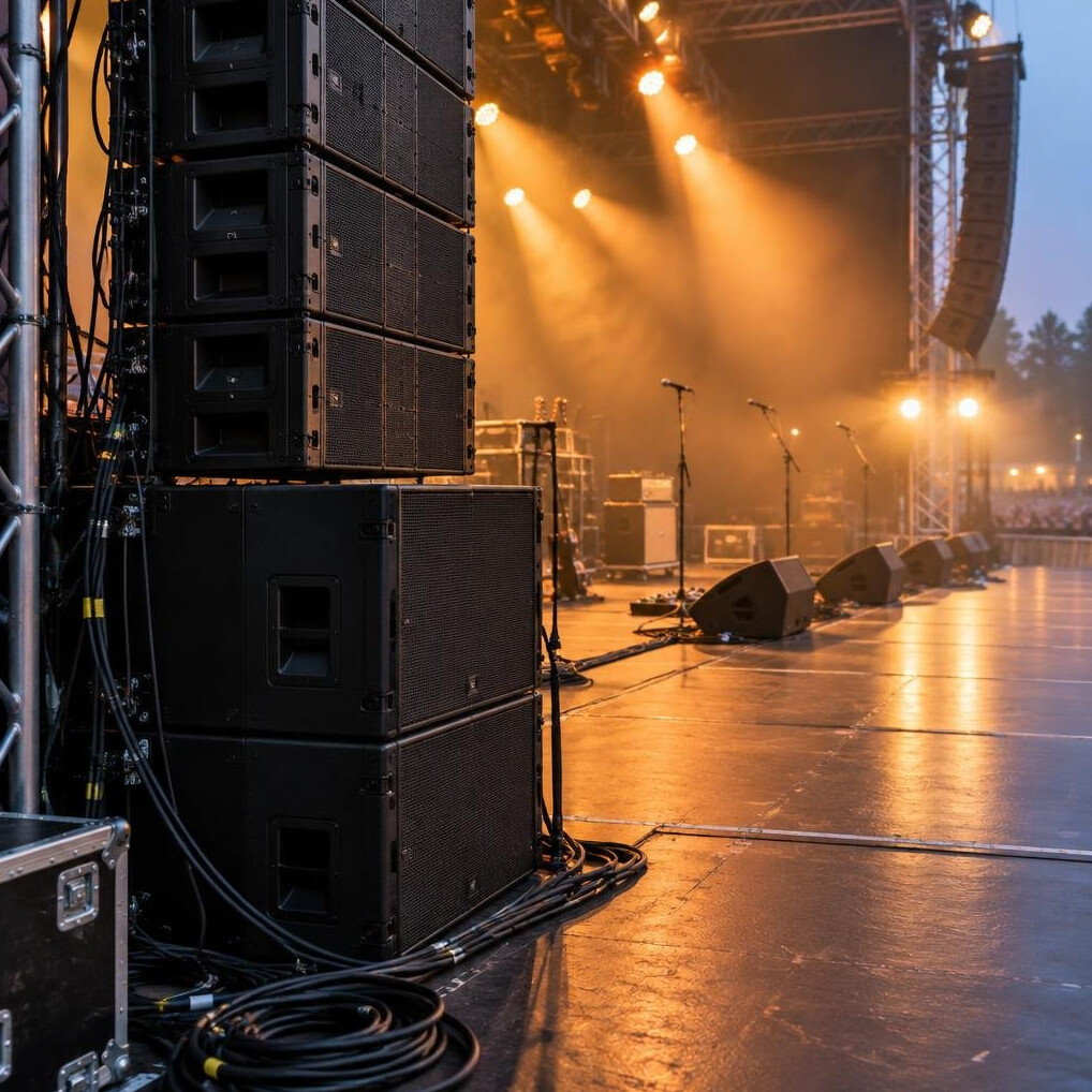 Backstage view of a concert stage with equipment